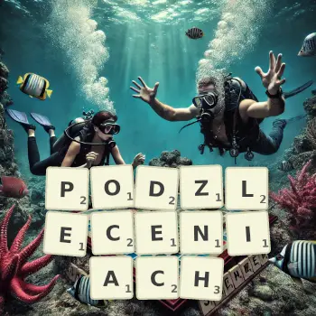 Kreatywna ilustracja do gry w Scrabble ze słowem PODZLECENIACH ułożonym z płytek na planszy.