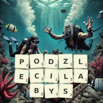 Kreatywna ilustracja do gry w Scrabble ze słowem PODZLECILABYS ułożonym z płytek na planszy.
