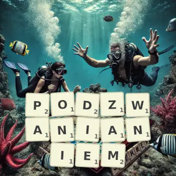 Kreatywna ilustracja do gry w Scrabble ze słowem PODZWANIANIEM ułożonym z płytek na planszy.