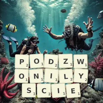 Kreatywna ilustracja do gry w Scrabble ze słowem PODZWONILYSCIE ułożonym z płytek na planszy.
