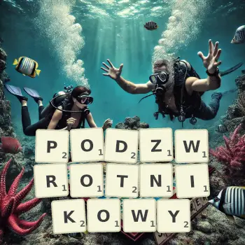 Kreatywna ilustracja do gry w Scrabble ze słowem PODZWROTNIKOWY ułożonym z płytek na planszy.