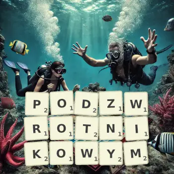 Kreatywna ilustracja do gry w Scrabble ze słowem PODZWROTNIKOWYM ułożonym z płytek na planszy.