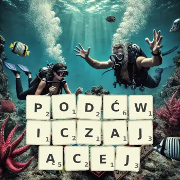 Kreatywna ilustracja do gry w Scrabble ze słowem PODĆWICZAJĄCEJ ułożonym z płytek na planszy.