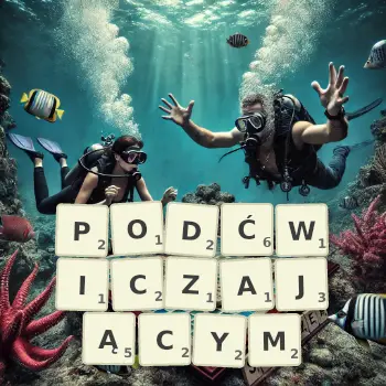 Kreatywna ilustracja do gry w Scrabble ze słowem PODĆWICZAJĄCYM ułożonym z płytek na planszy.