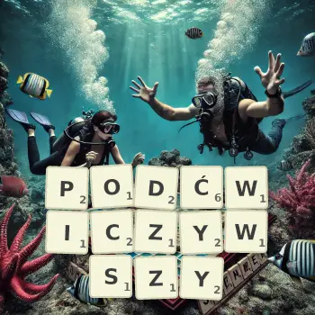 Kreatywna ilustracja do gry w Scrabble ze słowem PODĆWICZYWSZY ułożonym z płytek na planszy.