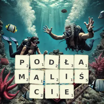 Kreatywna ilustracja do gry w Scrabble ze słowem PODŁAMALIŚCIE ułożonym z płytek na planszy.