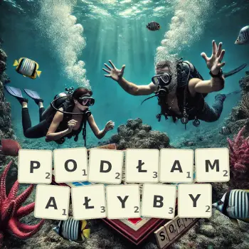 Kreatywna ilustracja do gry w Scrabble ze słowem PODŁAMAŁYBY ułożonym z płytek na planszy.