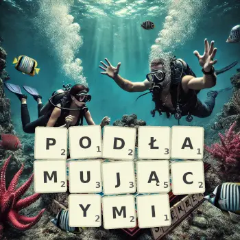 Kreatywna ilustracja do gry w Scrabble ze słowem PODŁAMUJĄCYMI ułożonym z płytek na planszy.