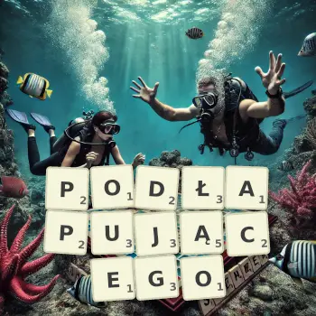 Kreatywna ilustracja do gry w Scrabble ze słowem PODŁAPUJĄCEGO ułożonym z płytek na planszy.