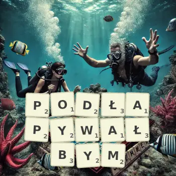 Kreatywna ilustracja do gry w Scrabble ze słowem PODŁAPYWAŁBYM ułożonym z płytek na planszy.