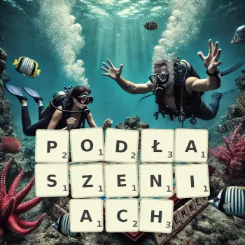 Kreatywna ilustracja do gry w Scrabble ze słowem PODŁASZENIACH ułożonym z płytek na planszy.