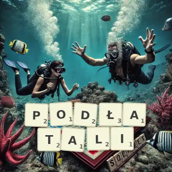 Kreatywna ilustracja do gry w Scrabble ze słowem PODŁATALI ułożonym z płytek na planszy.