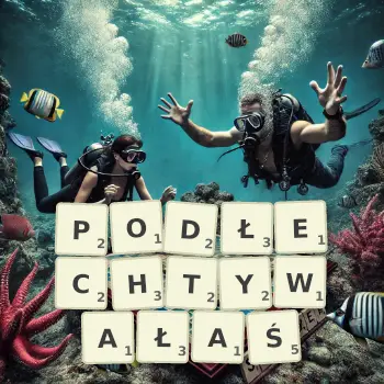 Kreatywna ilustracja do gry w Scrabble ze słowem PODŁECHTYWAŁAŚ ułożonym z płytek na planszy.