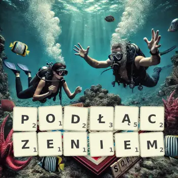 Kreatywna ilustracja do gry w Scrabble ze słowem PODŁĄCZENIEM ułożonym z płytek na planszy.