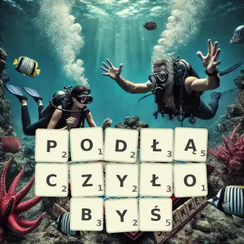 Kreatywna ilustracja do gry w Scrabble ze słowem PODŁĄCZYŁOBYŚ ułożonym z płytek na planszy.