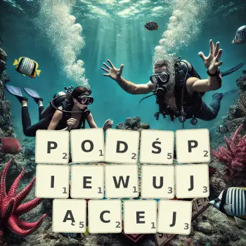 Kreatywna ilustracja do gry w Scrabble ze słowem PODŚPIEWUJĄCEJ ułożonym z płytek na planszy.