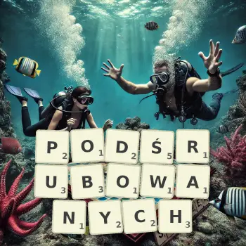 Kreatywna ilustracja do gry w Scrabble ze słowem PODŚRUBOWANYCH ułożonym z płytek na planszy.