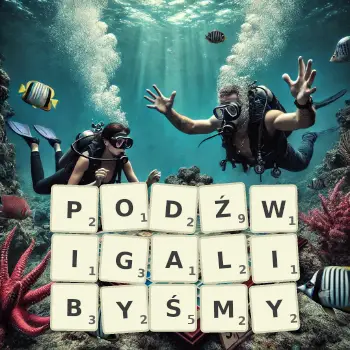 Kreatywna ilustracja do gry w Scrabble ze słowem PODŹWIGALIBYŚMY ułożonym z płytek na planszy.