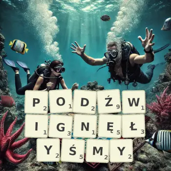 Kreatywna ilustracja do gry w Scrabble ze słowem PODŹWIGNĘŁYŚMY ułożonym z płytek na planszy.