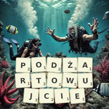 Kreatywna ilustracja do gry w Scrabble ze słowem PODŻARTOWUJCIE ułożonym z płytek na planszy.
