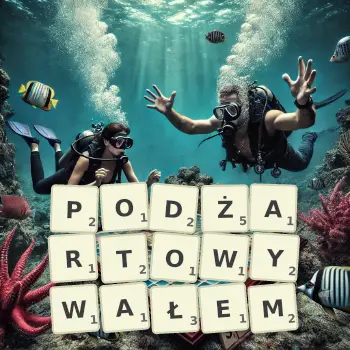 Kreatywna ilustracja do gry w Scrabble ze słowem PODŻARTOWYWAŁEM ułożonym z płytek na planszy.