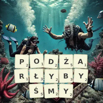 Kreatywna ilustracja do gry w Scrabble ze słowem PODŻARŁYBYŚMY ułożonym z płytek na planszy.