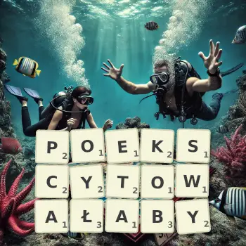 Kreatywna ilustracja do gry w Scrabble ze słowem POEKSCYTOWAŁABY ułożonym z płytek na planszy.