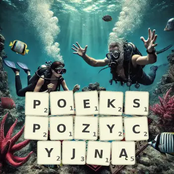 Kreatywna ilustracja do gry w Scrabble ze słowem POEKSPOZYCYJNĄ ułożonym z płytek na planszy.