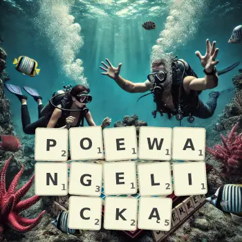 Kreatywna ilustracja do gry w Scrabble ze słowem POEWANGELICKĄ ułożonym z płytek na planszy.