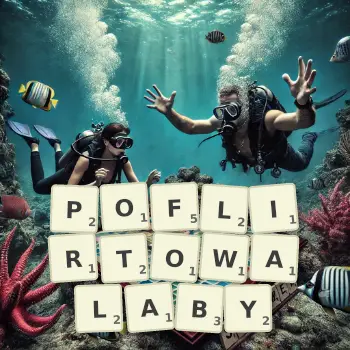 Kreatywna ilustracja do gry w Scrabble ze słowem POFLIRTOWALABY ułożonym z płytek na planszy.