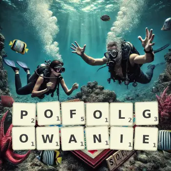 Kreatywna ilustracja do gry w Scrabble ze słowem POFOLGOWANIE ułożonym z płytek na planszy.