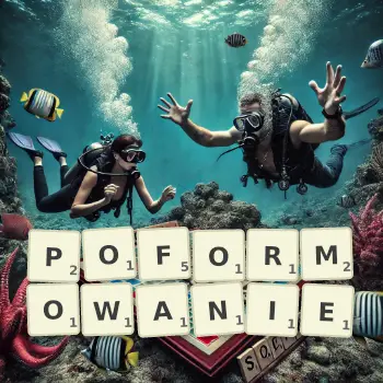 Kreatywna ilustracja do gry w Scrabble ze słowem POFORMOWANIE ułożonym z płytek na planszy.