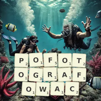 Kreatywna ilustracja do gry w Scrabble ze słowem POFOTOGRAFOWAC ułożonym z płytek na planszy.