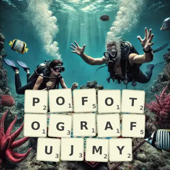 Kreatywna ilustracja do gry w Scrabble ze słowem POFOTOGRAFUJMY ułożonym z płytek na planszy.