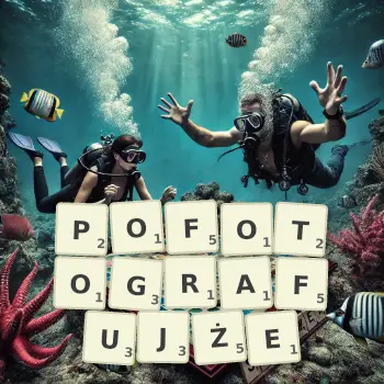 Kreatywna ilustracja do gry w Scrabble ze słowem POFOTOGRAFUJŻE ułożonym z płytek na planszy.