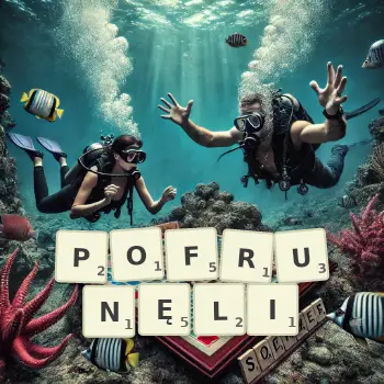 Kreatywna ilustracja do gry w Scrabble ze słowem POFRUNĘLI ułożonym z płytek na planszy.