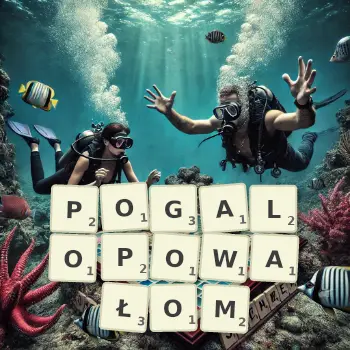 Kreatywna ilustracja do gry w Scrabble ze słowem POGALOPOWAŁOM ułożonym z płytek na planszy.