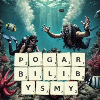 Kreatywna ilustracja do gry w Scrabble ze słowem POGARBILIBYŚMY ułożonym z płytek na planszy.