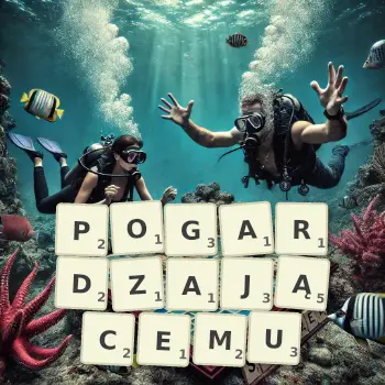 Kreatywna ilustracja do gry w Scrabble ze słowem POGARDZAJĄCEMU ułożonym z płytek na planszy.