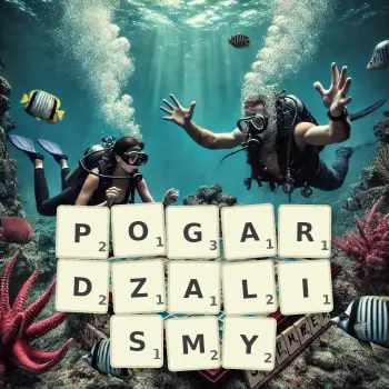 Kreatywna ilustracja do gry w Scrabble ze słowem POGARDZALISMY ułożonym z płytek na planszy.