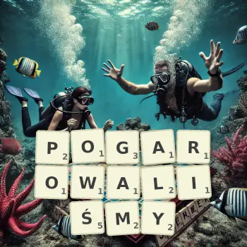 Kreatywna ilustracja do gry w Scrabble ze słowem POGAROWALIŚMY ułożonym z płytek na planszy.