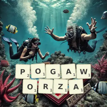Kreatywna ilustracja do gry w Scrabble ze słowem POGAWORZA ułożonym z płytek na planszy.