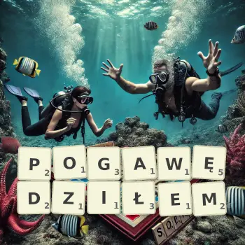 Kreatywna ilustracja do gry w Scrabble ze słowem POGAWĘDZIŁEM ułożonym z płytek na planszy.