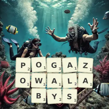 Kreatywna ilustracja do gry w Scrabble ze słowem POGAZOWALABYS ułożonym z płytek na planszy.