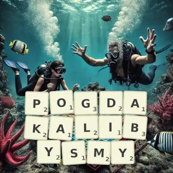 Kreatywna ilustracja do gry w Scrabble ze słowem POGDAKALIBYSMY ułożonym z płytek na planszy.