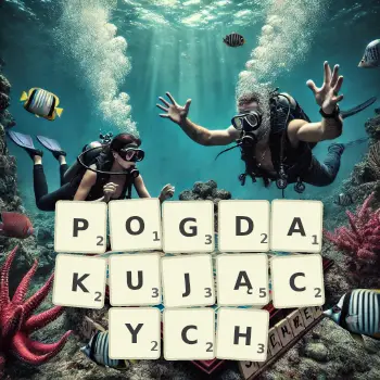 Kreatywna ilustracja do gry w Scrabble ze słowem POGDAKUJĄCYCH ułożonym z płytek na planszy.