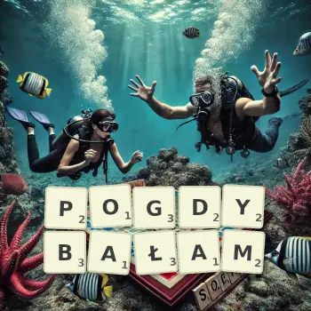 Kreatywna ilustracja do gry w Scrabble ze słowem POGDYBAŁAM ułożonym z płytek na planszy.