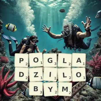Kreatywna ilustracja do gry w Scrabble ze słowem POGLADZILOBYM ułożonym z płytek na planszy.