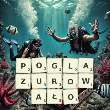 Kreatywna ilustracja do gry w Scrabble ze słowem POGLAZUROWAŁO ułożonym z płytek na planszy.