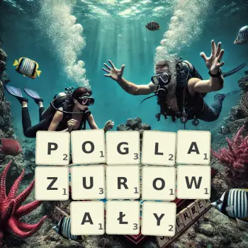 Kreatywna ilustracja do gry w Scrabble ze słowem POGLAZUROWAŁY ułożonym z płytek na planszy.